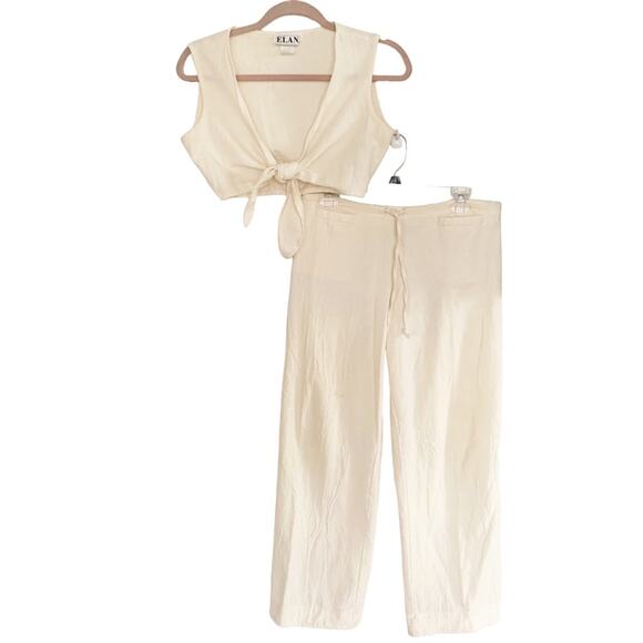 Elan 2 PC Set Cream Sleeveless Crop Top and Tie Front Wide Leg Pants Medium - Picture 2 of 12